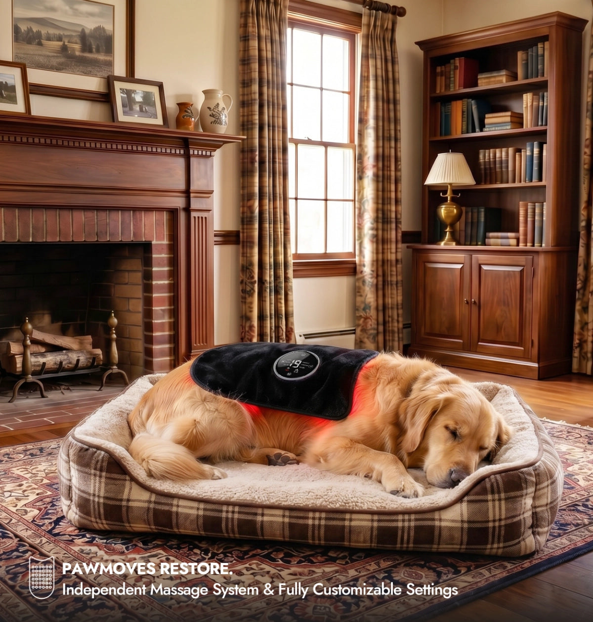 Golden retriever resting with PawMoves Restore red light wrap for pets in cozy living room