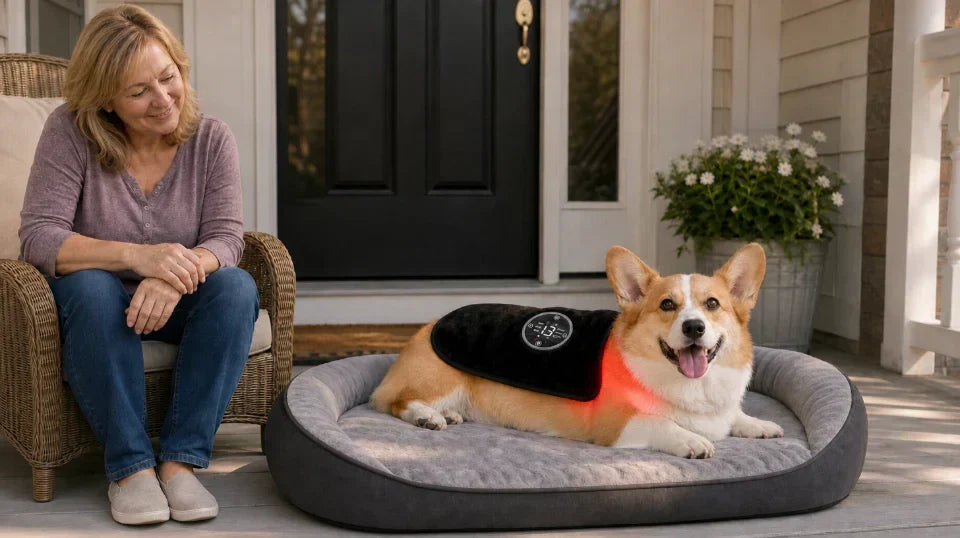 A happy Corgi resting on a dog bed on a home porch wearing  the PawMoves Restore Red Light & Massage Wrap for Pets,  with its owner sitting nearby
