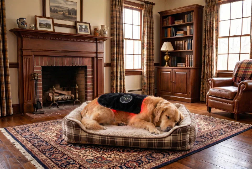 A golden retriever resting in a cosy living room wearing  the PawMoves Restore Red Light & Massage Wrap for Pets  during a daily home wellness session