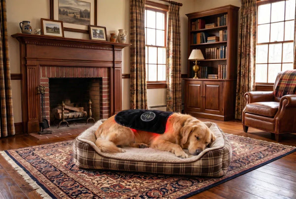 A golden retriever resting in a cosy living room wearing  the PawMoves Restore Red Light & Massage Wrap for Pets  during a daily home wellness session