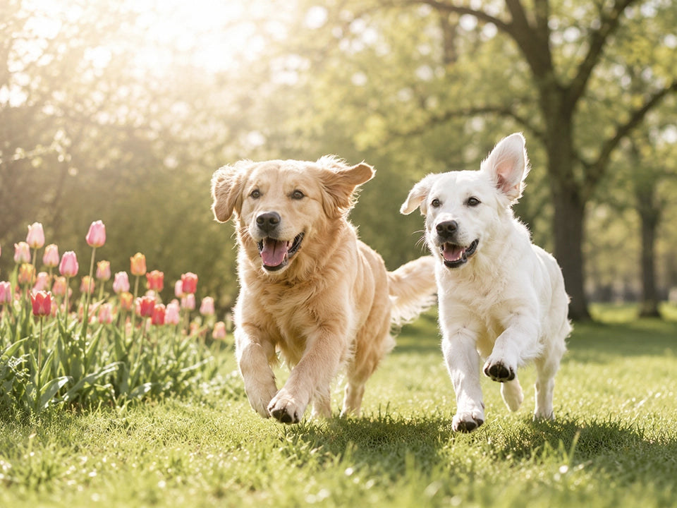Two happy dogs running freely through a sunny park with tulips in bloom — capturing the joy of movement that PawMoves is dedicated to supporting.
