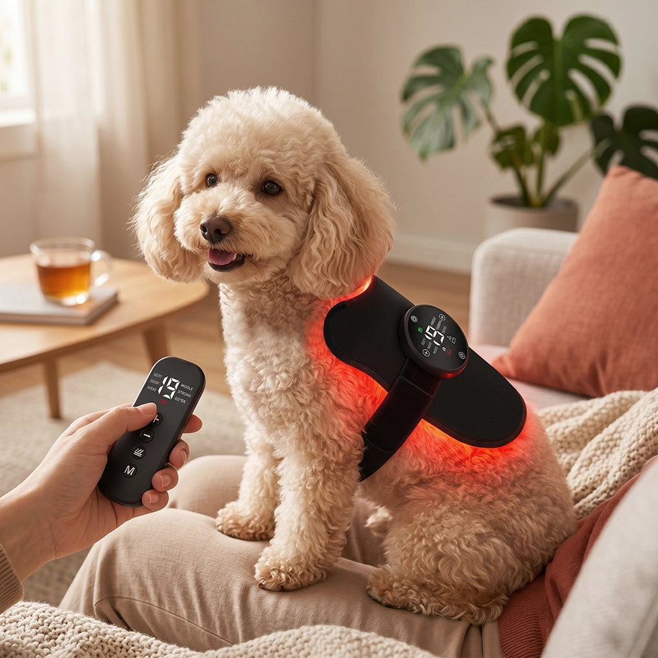 A fluffy dog wearing the PawMoves Restore red light wrap on a home sofa, with owner adjusting settings via remote control — effortless pet wellness built into everyday life.