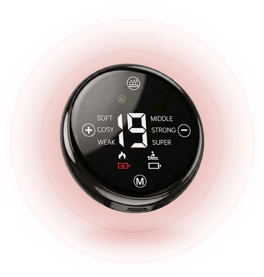 PawMoves Restore magnetic controller for pet massage wrap with LCD display showing mode and intensity settings