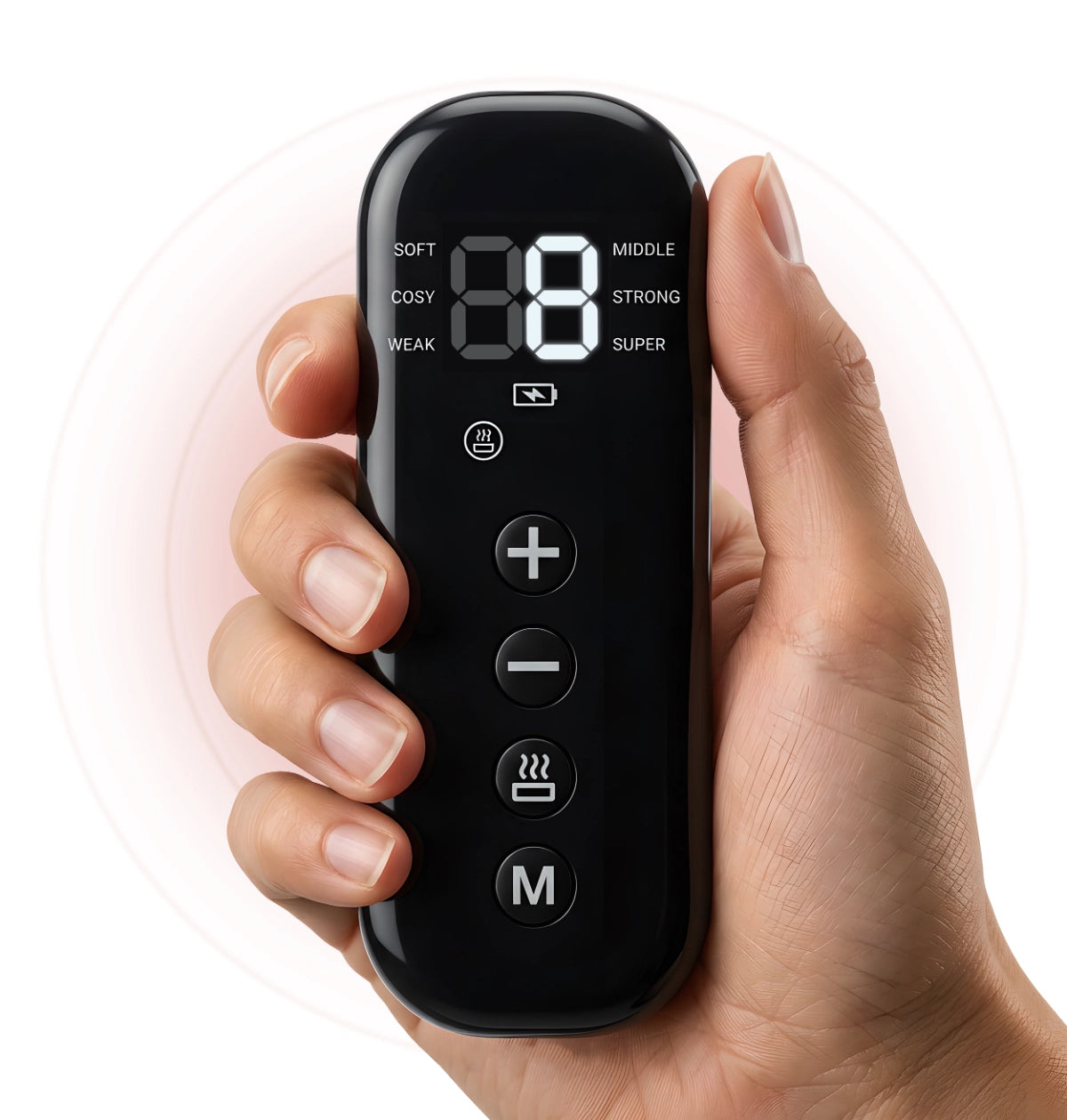 Hand holding PawMoves Restore pet massage wrap remote control with function buttons and LCD display