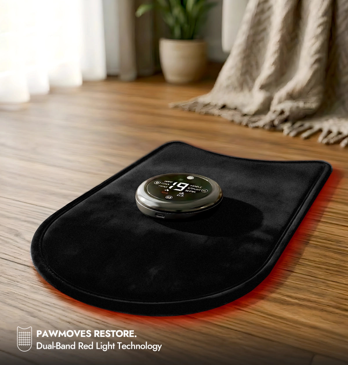 PawMoves Restore pet massage wrap with magnetic controller on warm wooden floor in home setting