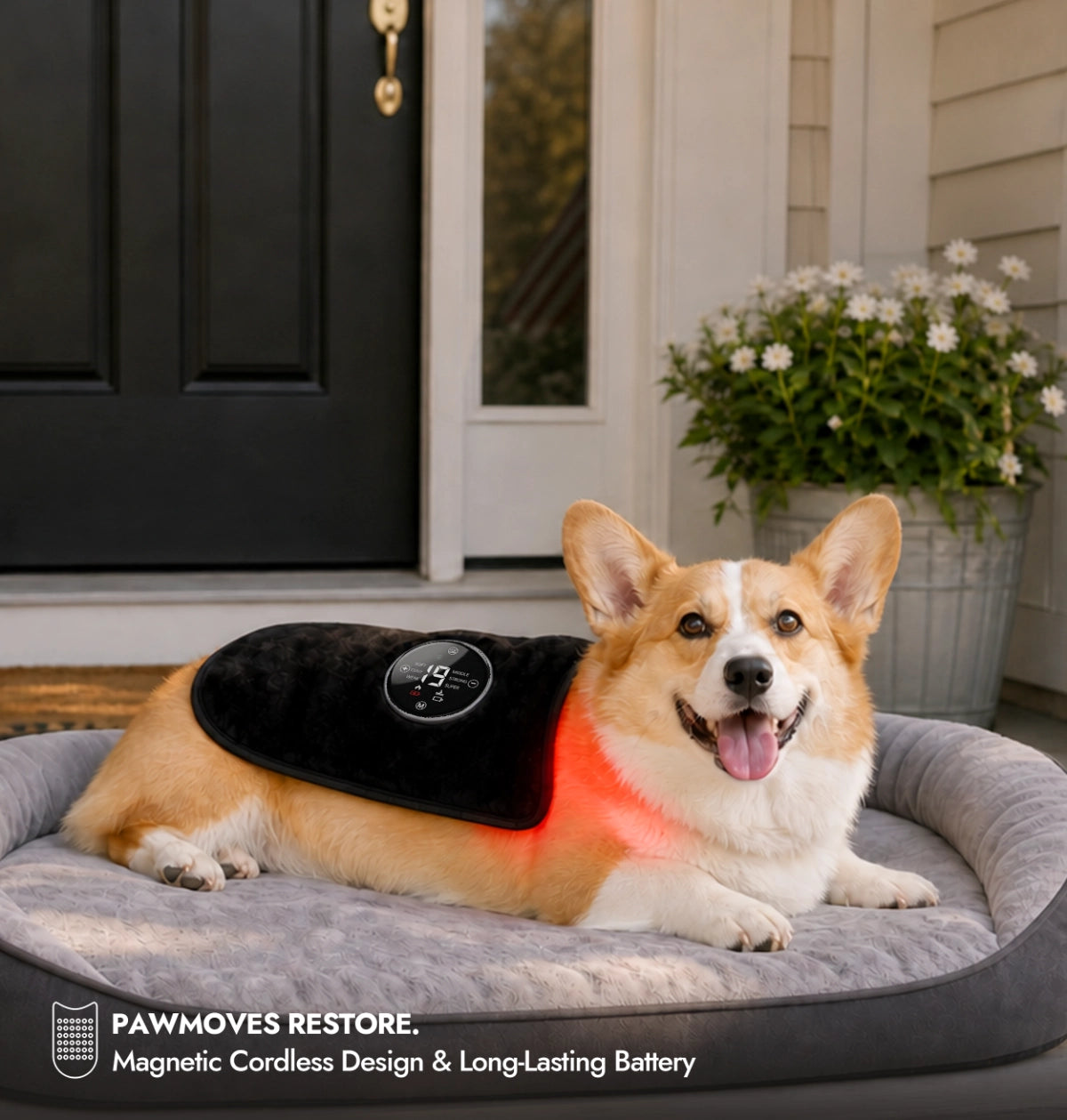 Corgi dog wearing PawMoves Restore red light massage wrap while resting in dog bed outdoors