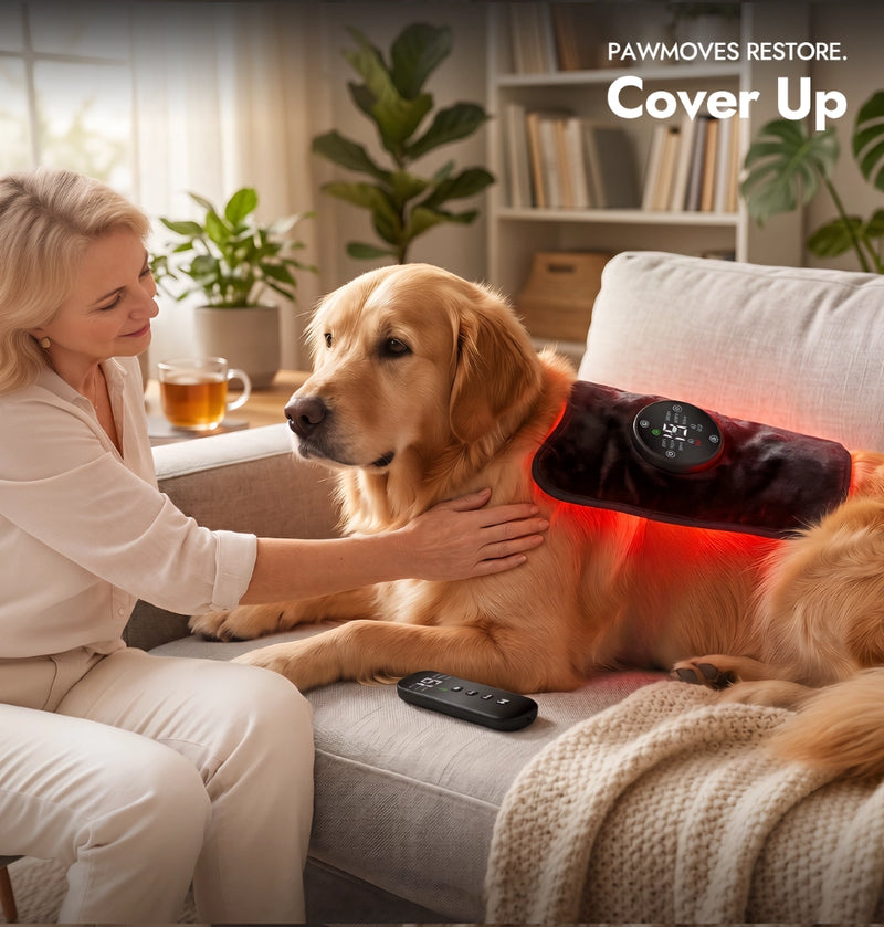 Pet owner gently placing PawMoves Restore red light massage wrap over golden retriever's back on sofa, wireless remote control on cushion nearby