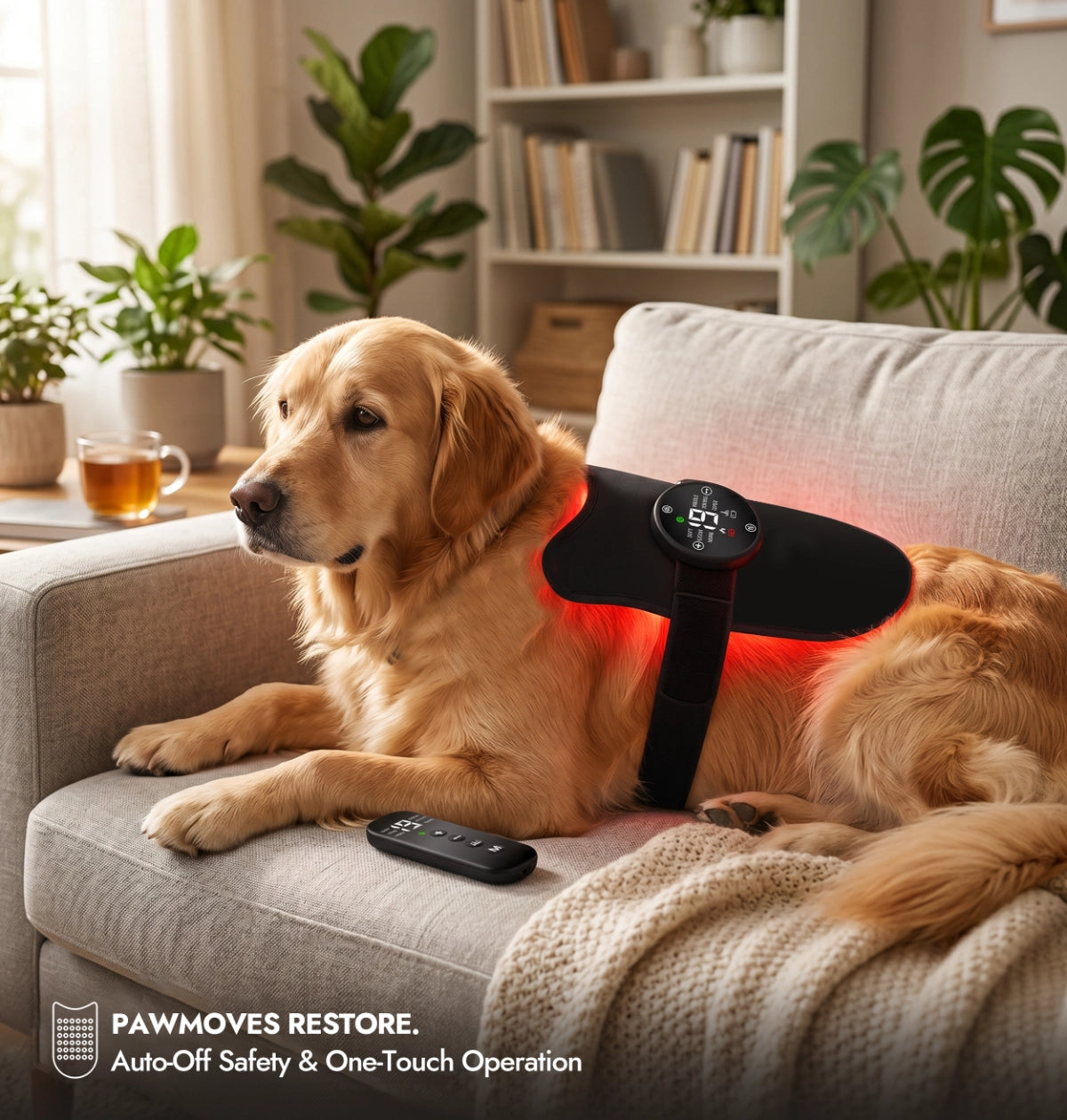 Golden retriever wearing PawMoves Restore red light massage wrap on back while relaxing on sofa