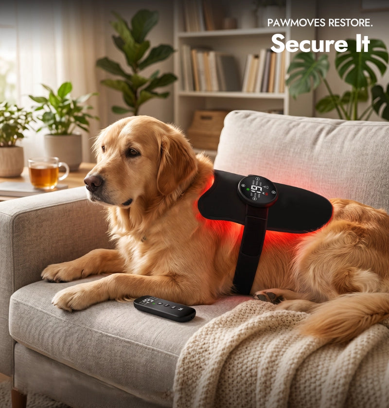 Golden retriever on sofa wearing PawMoves Restore red light massage wrap secured with adjustable strap, wireless remote control placed on cushion nearby