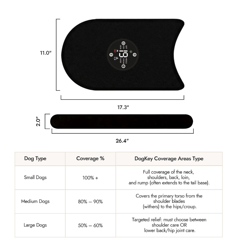 PawMoves Restore red light massage wrap dimensions and body coverage chart by dog size — small, medium, and large