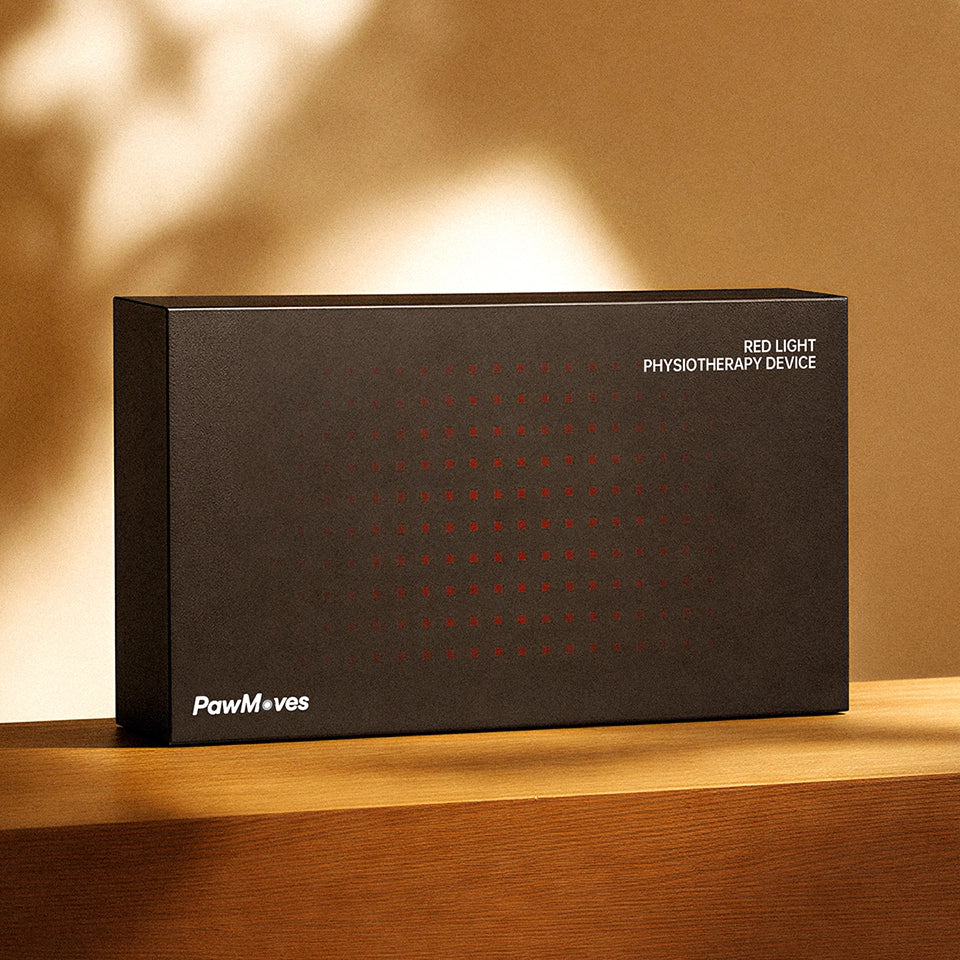 PawMoves Restore red light and vibration massage wellness wrap for dogs — premium packaging designed for everyday pet care.