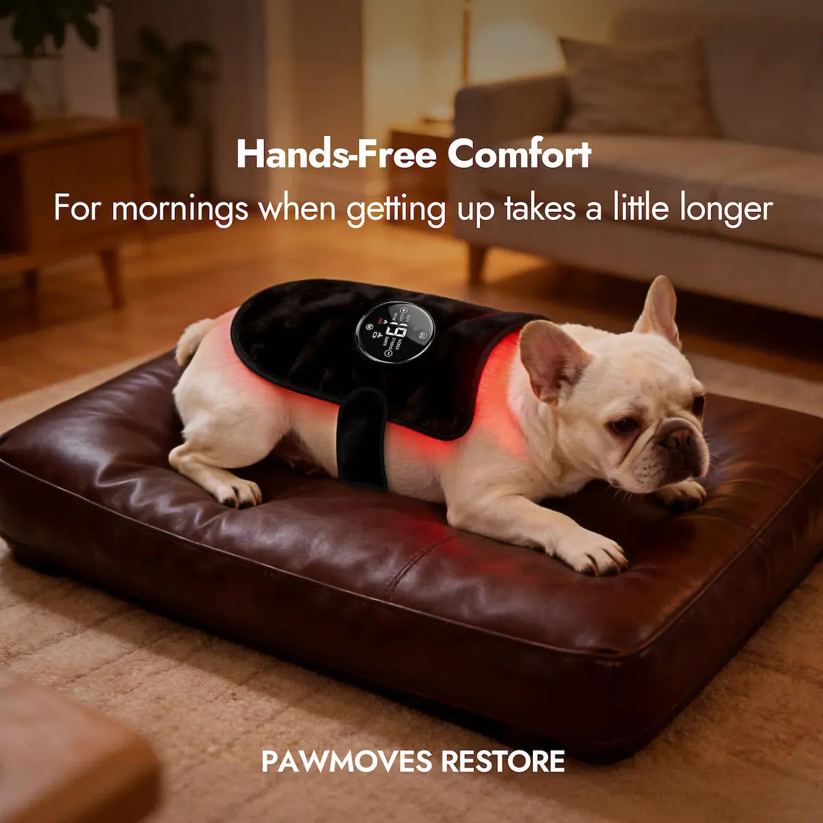 French Bulldog lying on a leather dog bed wearing the Pawmoves Restore red light massage wrap, with red light glowing on the chest area for hands-free comfort